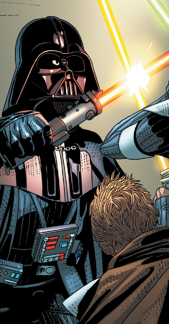 Morit and Vader duel using their lightsabers.