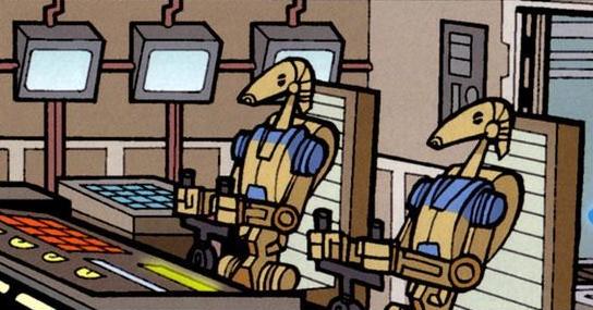 A pair of OOM pilot battle droids at the helm of a Conqueror-class atmospheric dreadnaught.