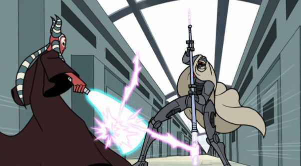 Shaak Ti fighting a MagnaGuard in a maglev train station