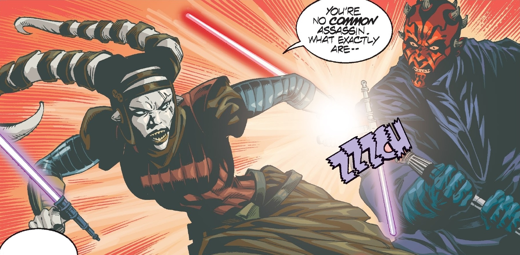 Sinya wielding her pair of guard shotos against Darth Maul.