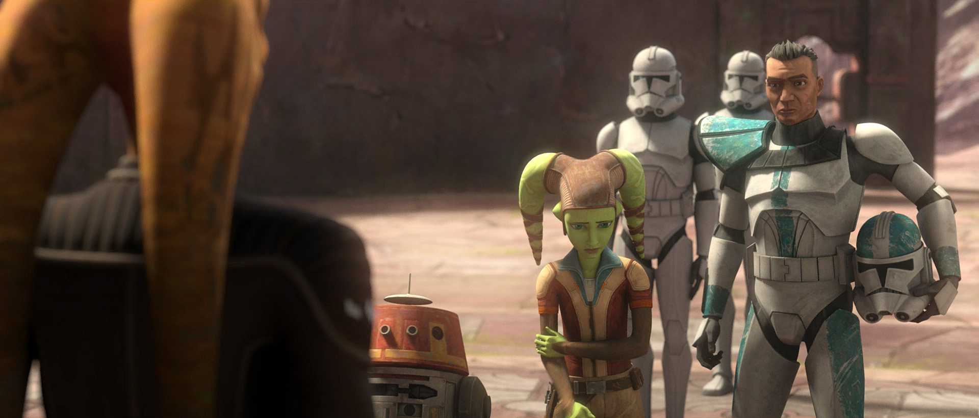 Captain Howzer and his troops return Hera Syndulla to her father, General Cham Syndulla