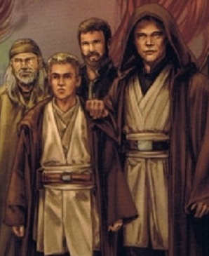 Katarn, behind Luke Skywalker, attends Mara Jade Skywalker's funeral.