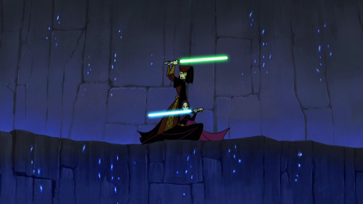 Luminara Unduli and Barriss Offee showing their twin-dueling abilities.