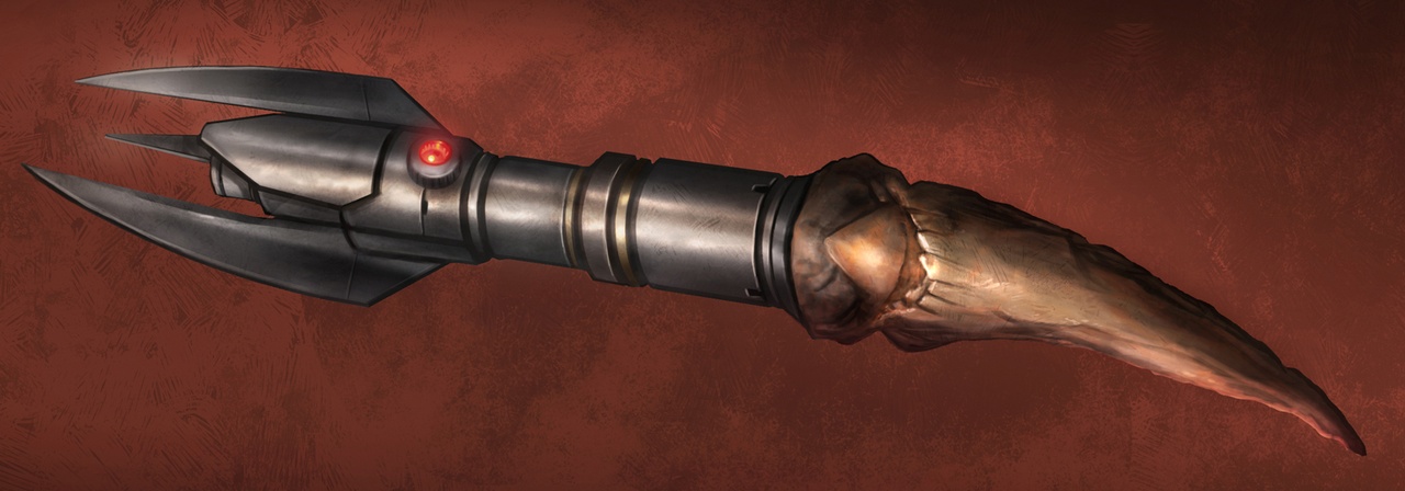 The unique lightsaber of Darth Baras had a Rancor fang affixed to the base of the hilt