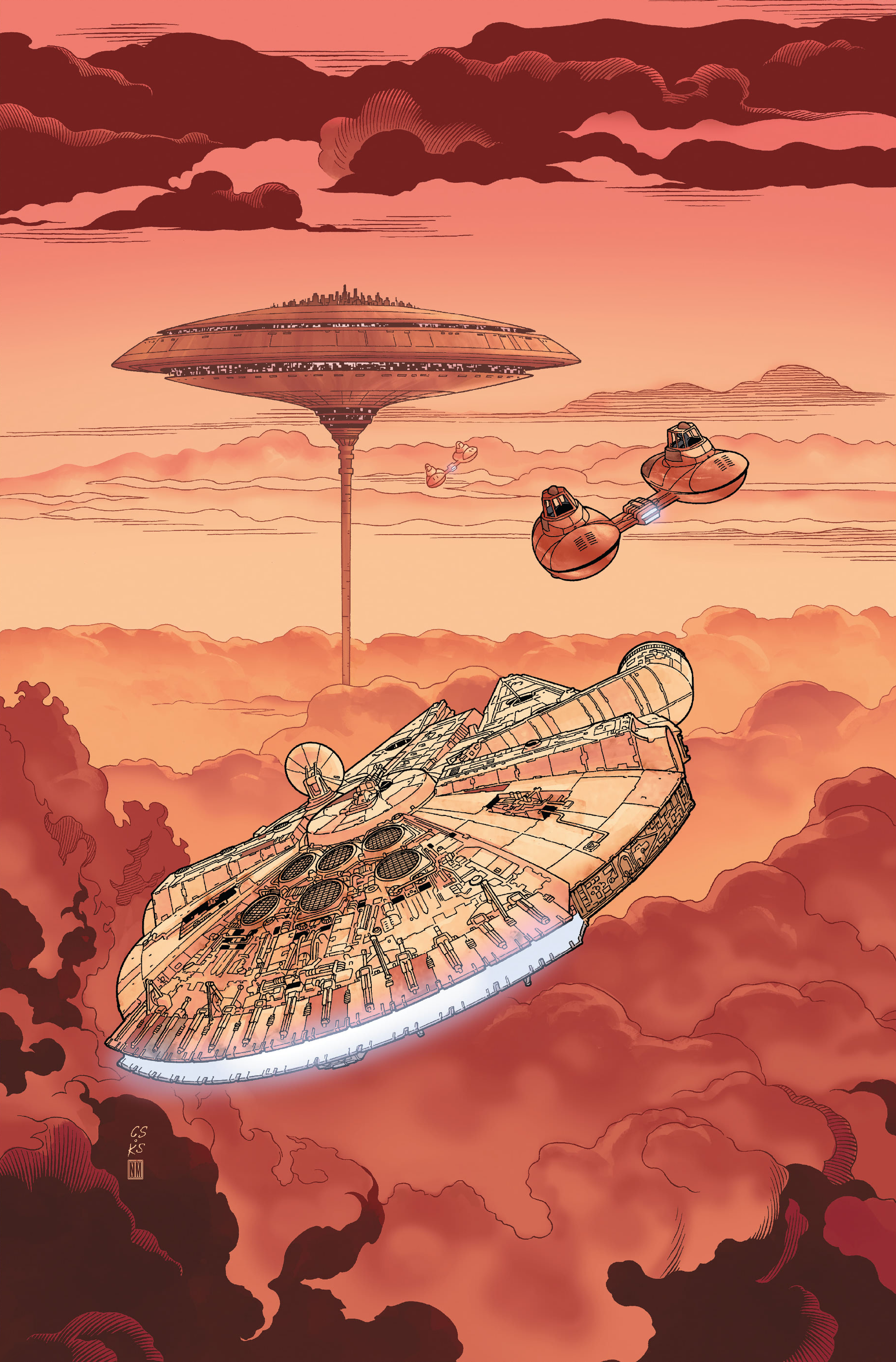 The Millennium Falcon approaches cloud city, a floating settlement on the gas giant of Bespin.