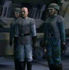 Taskeen, flanked by soldiers, greets General Brenn Tantor upon his defection.