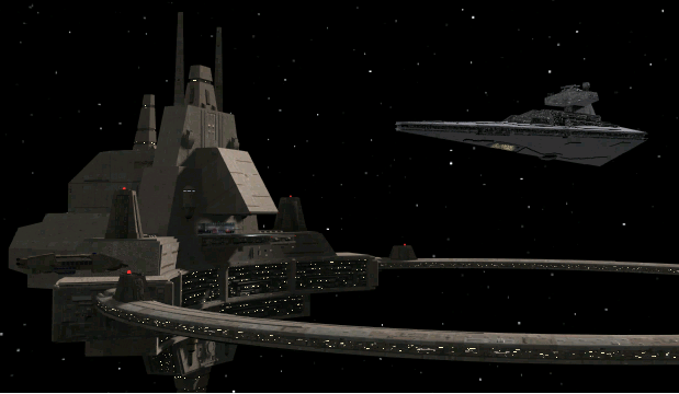 The Imperial Star Destroyer Corrupter approaches Azzameen Station.