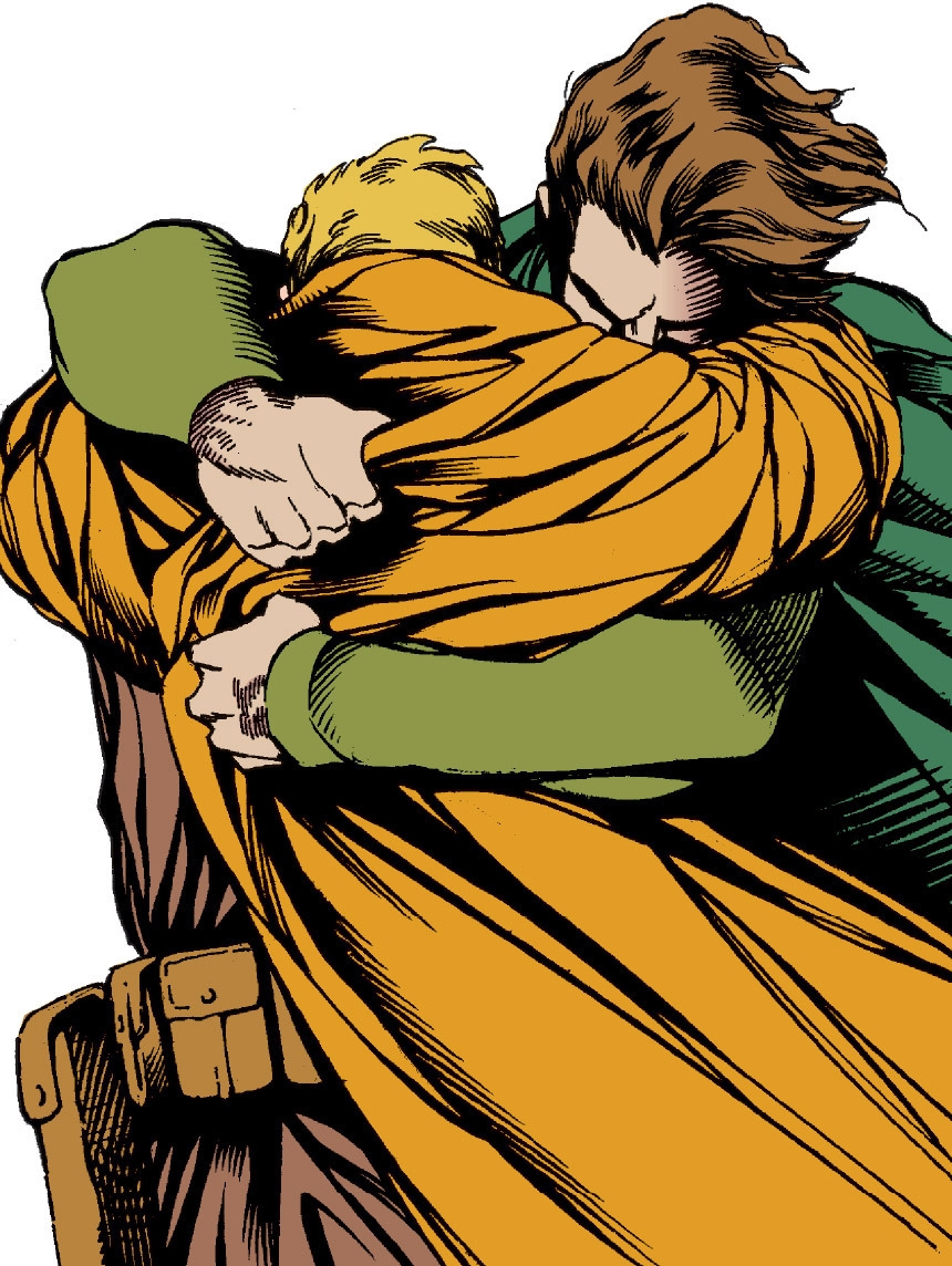 The Qel-Droma brothers embrace shortly before Ulic departs for the Empress Teta system.