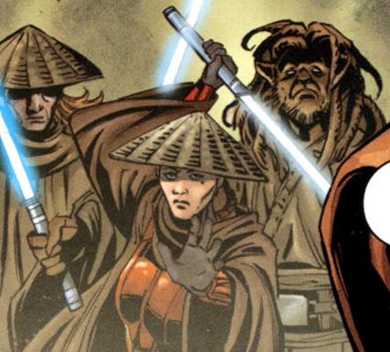 Krieg, Dare, and Jedi Master Rasi Tuum prepare to defend the Emperor from a group of Sith on Agamar.