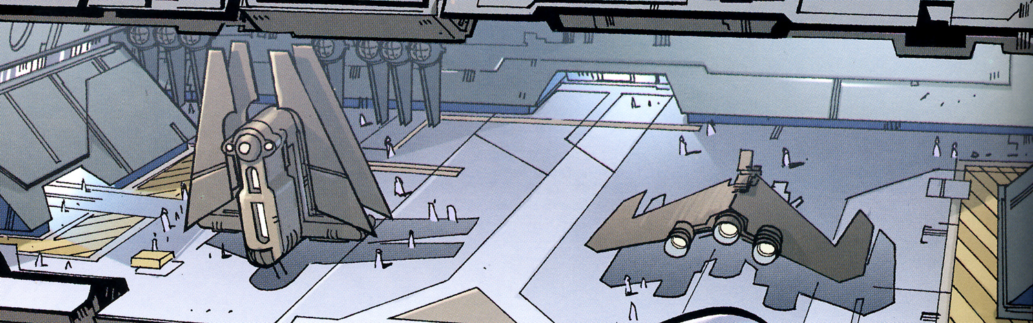 A hangar on board a Pellaeon-class Star Destroyer.