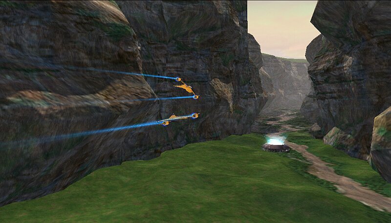 Rhys Dallows and Essara Till entering a training canyon in their N-1 starfighters.