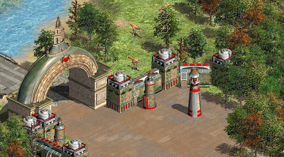 One of the village's anti-air turrets (center-right), which is only present on easy difficulty