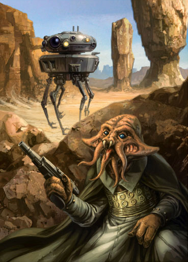 A Quarren evades a Viper probe droid.