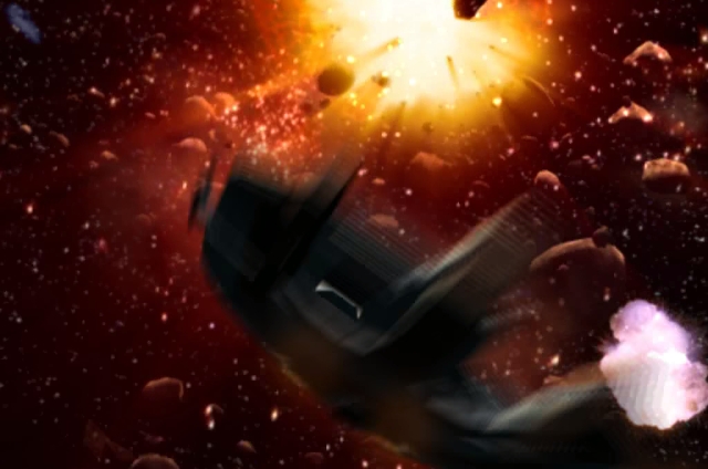 The Ebon Hawk escapes from the explosion.