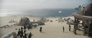 The Millennium Falcon flies away from the Savareen village while the Cloud-Riders and Beckett's gang face off.