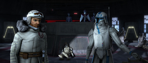 Rex and Obi-Wan Kenobi examine the carnage within Glid Station alongside Pantora's Chairman Chi Cho.