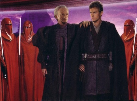 Palpatine and young Anakin Skywalker in the Chancellor's suite at the Senate Building, flanked by the Red Guard