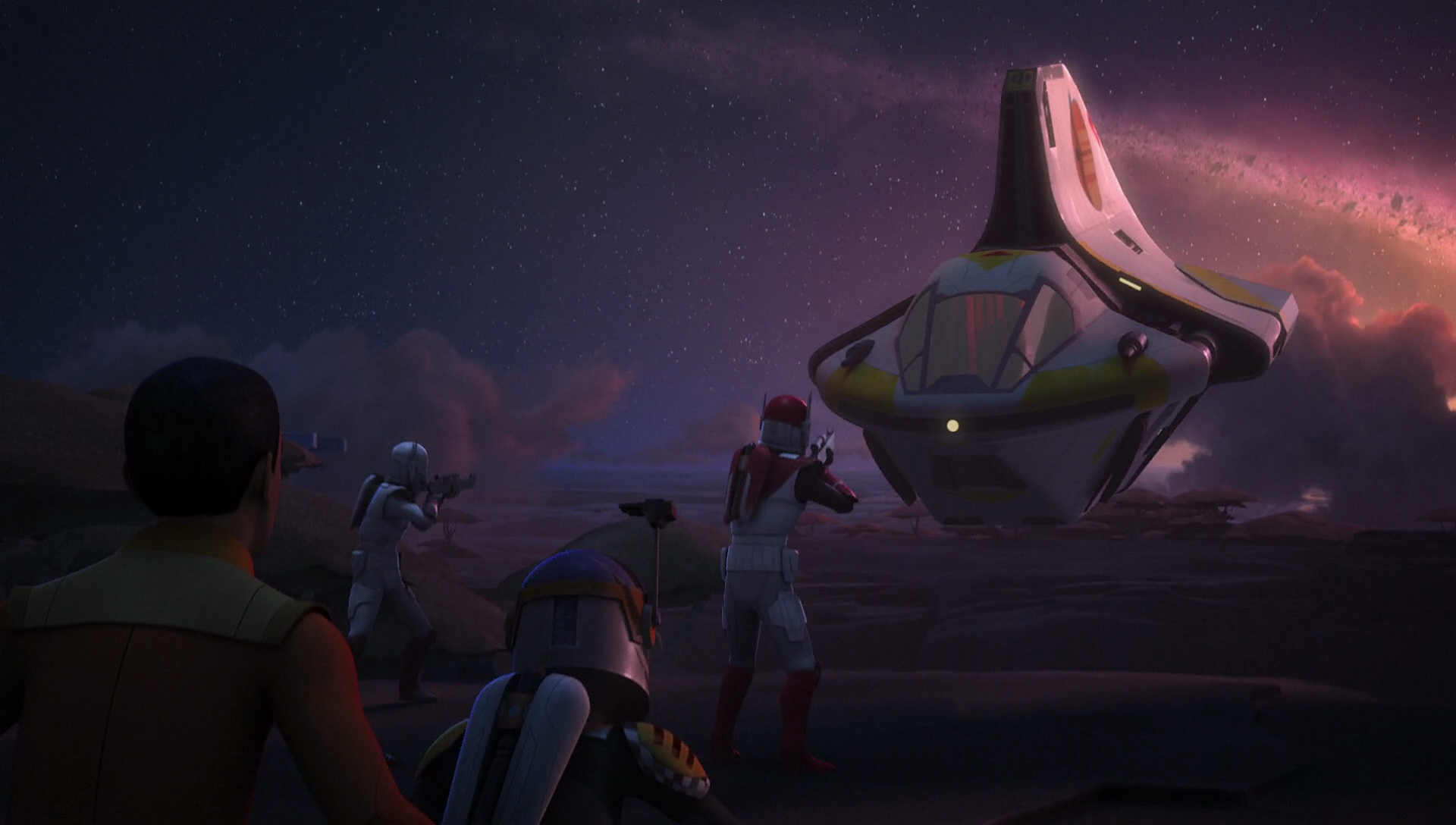 Fenn Rau pilots the Phantom II to rescue Sabine and Ezra from Gar Saxon.