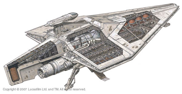 Cut-away of an Acclamator, showing (from left to right): The hyperdrive, hypermatter reactor core, hangar area, fuel silos