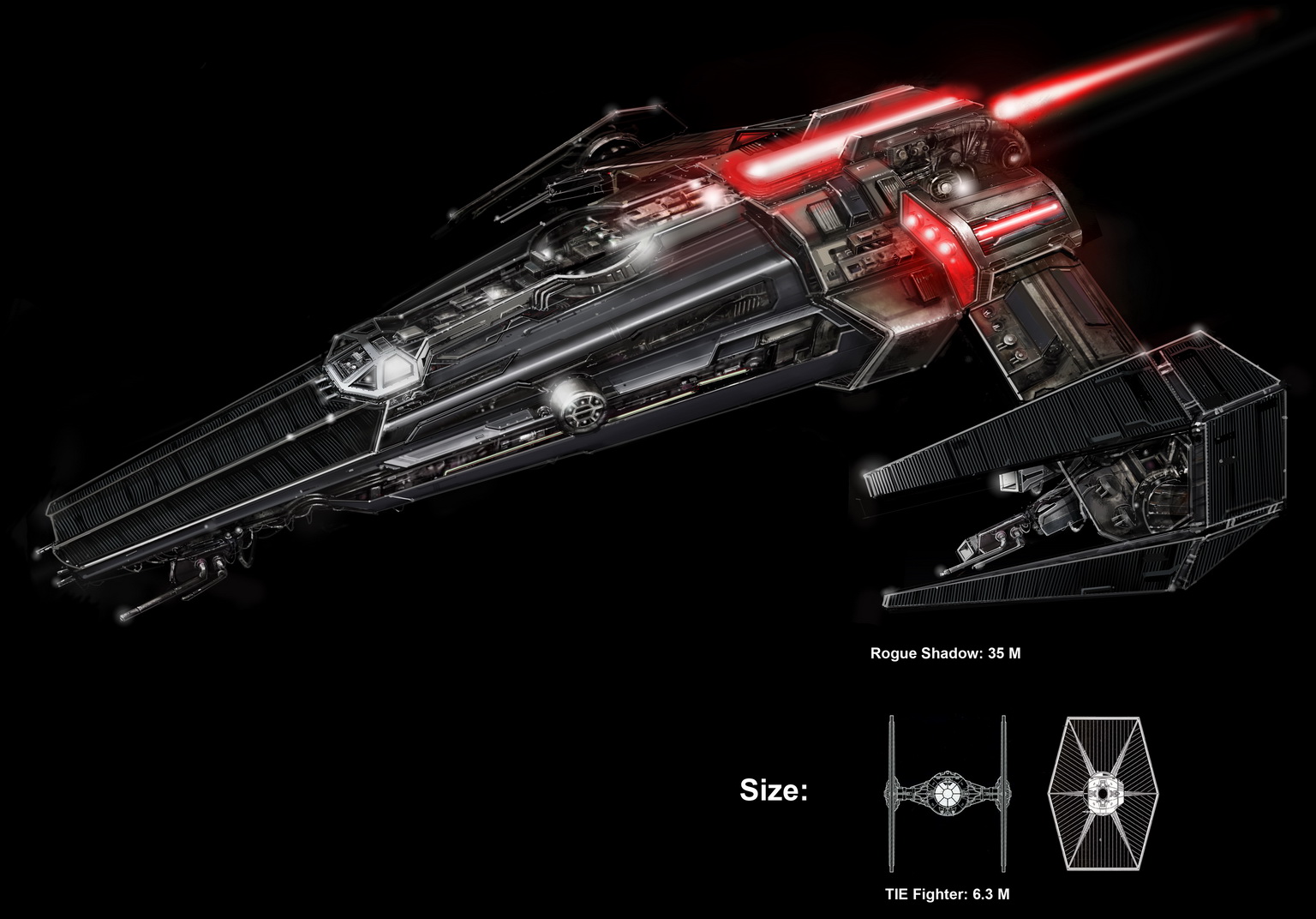 Concept image comparing the Rogue Shadow to a TIE fighter