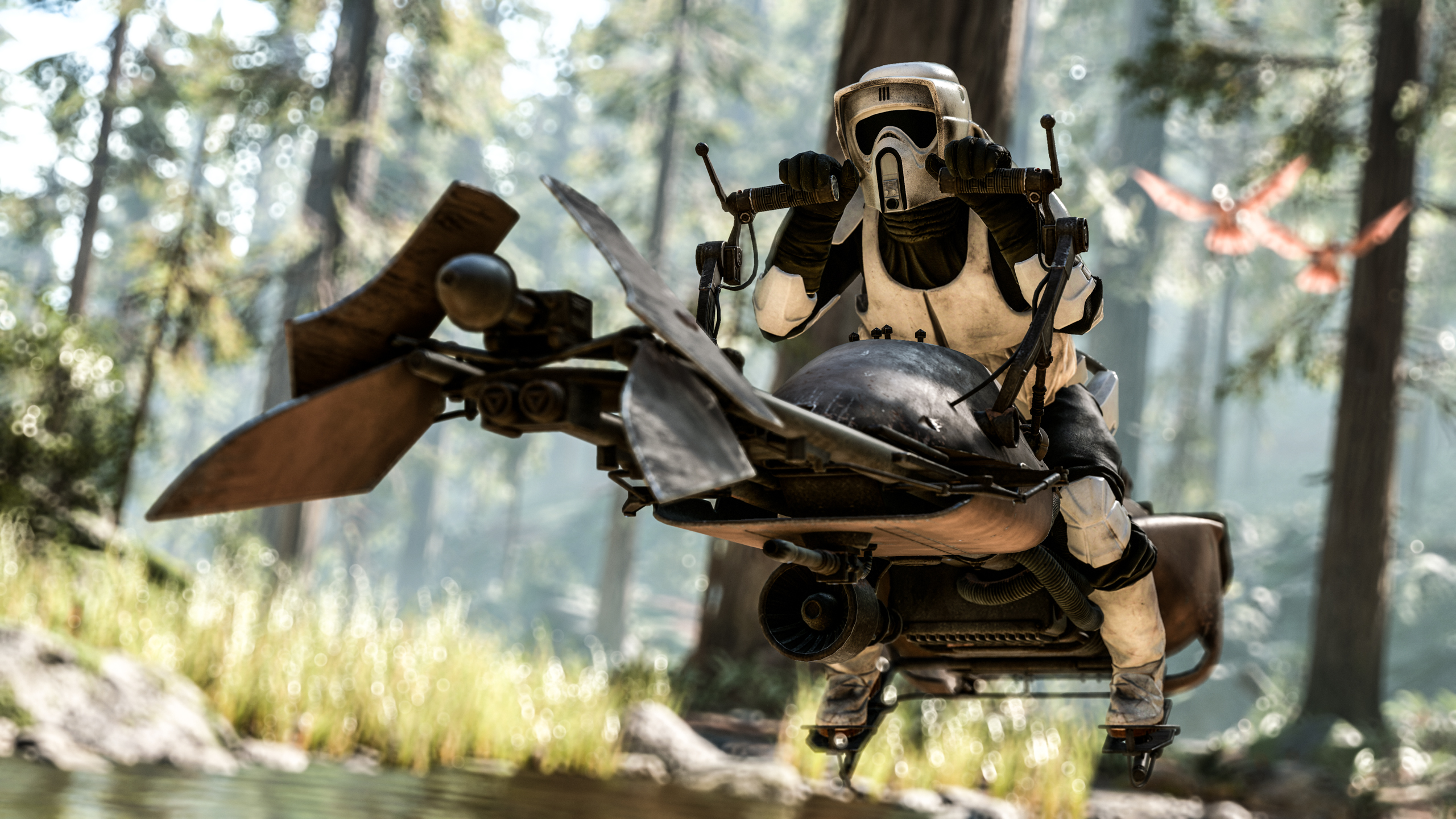 A scout trooper riding a 74-Z speeder bike on Endor.