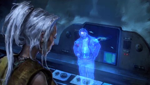 Serra conversing with Tionne via a hologram