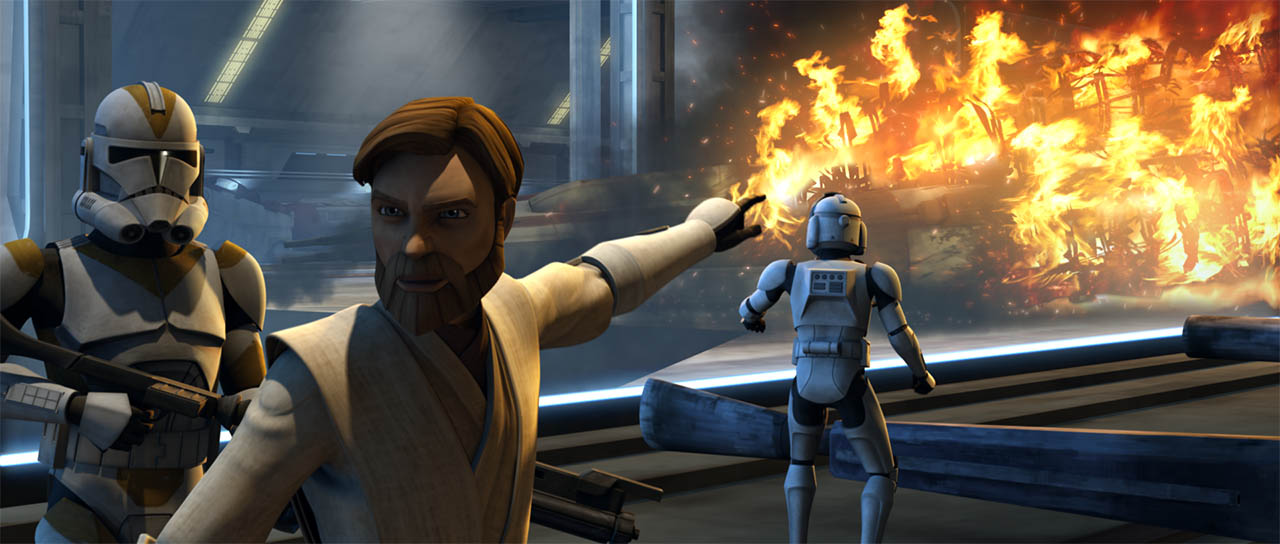 Kenobi marshals his clone troopers as Engle's Y-wing burns.