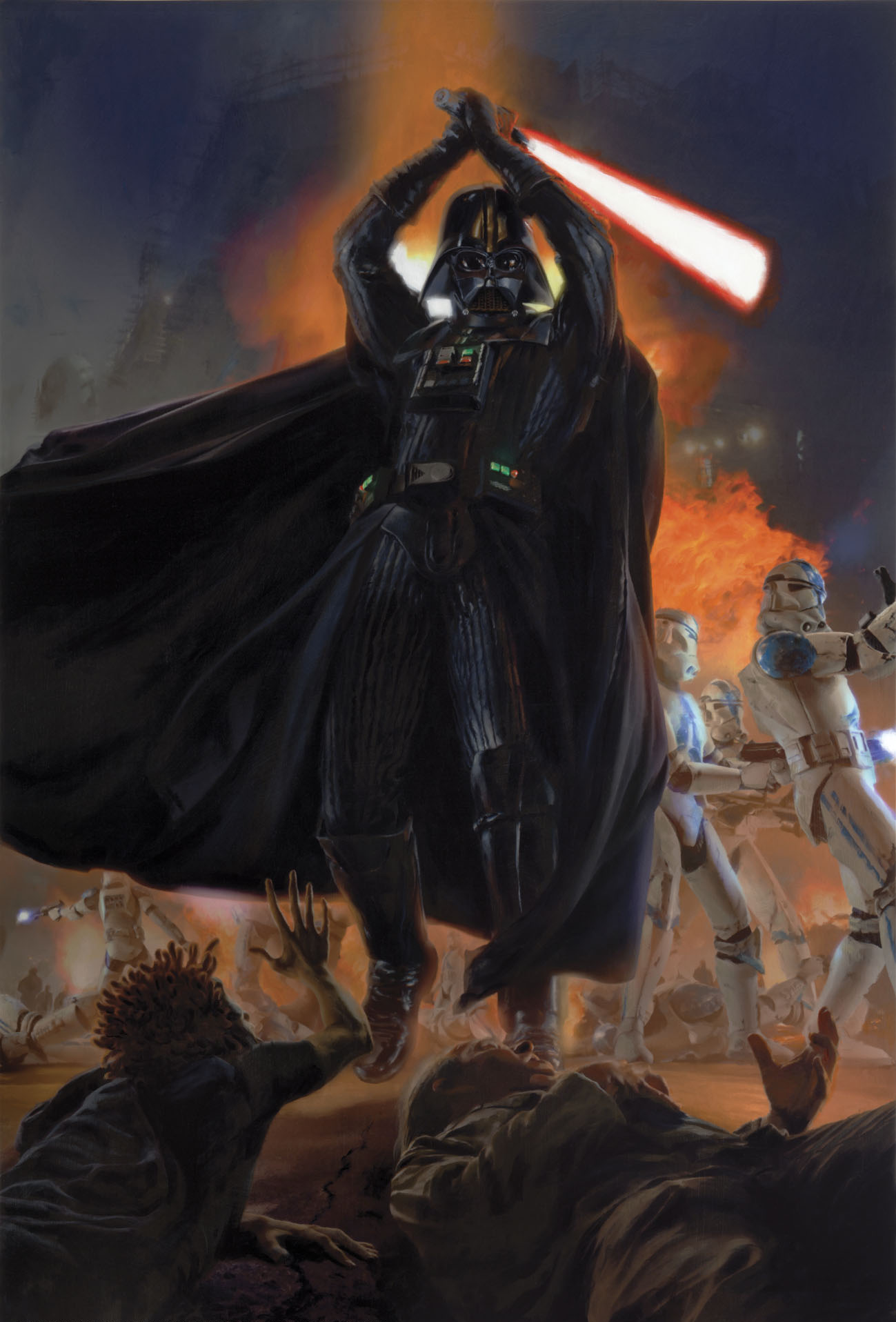 Darth Vader prepares to strike down Jedi during the devastation of Kashyyyk