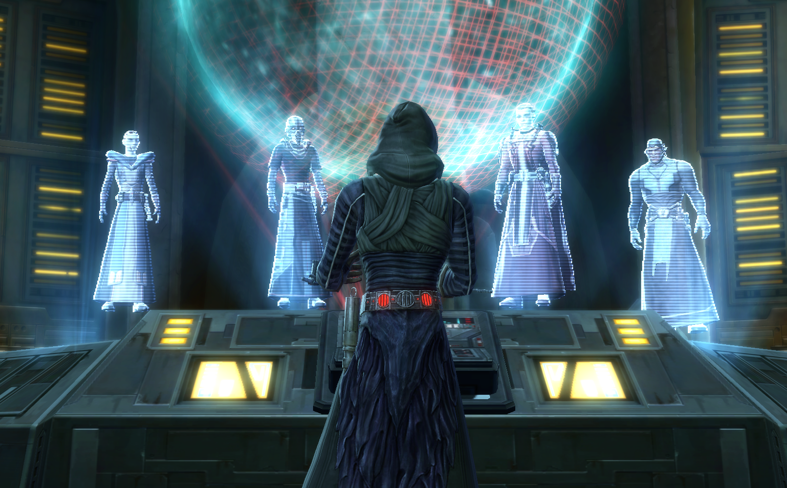 The quest introduces four of the main characters of Act I: (Left to right) Lord Nefarid, Lord Sadic, Darth Angral, and Lord Praven.