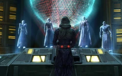 The quest introduces four of the main characters of Act I: (Left to right) Lord Nefarid, Lord Sadic, Darth Angral, and Lord Praven.