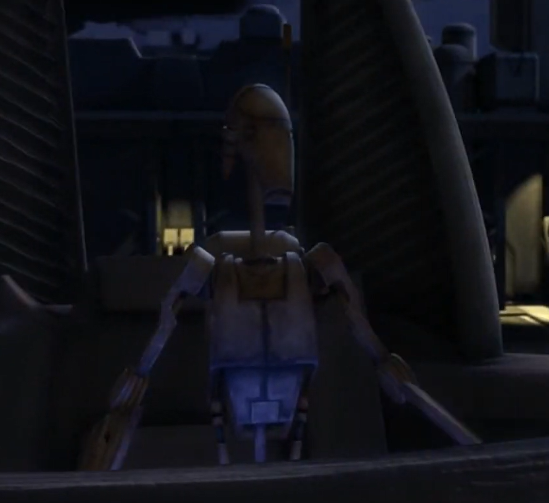 A B1 battle droid (pictured) asked for an update from 4724 on the security of the west end.