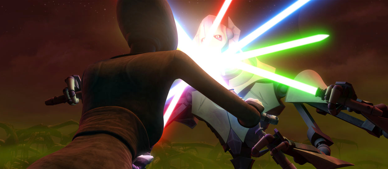 Grievous battles Ventress to force her army to surrender.