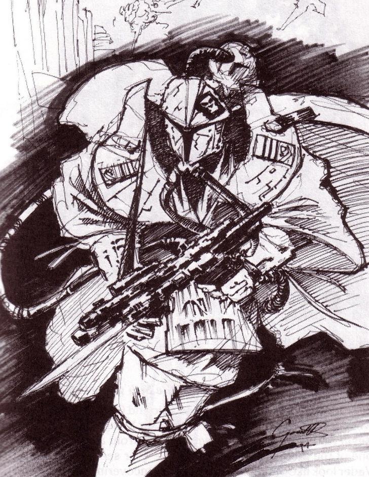 Concept art, drawn by Christian Gossett, of a Mandalorian soldier