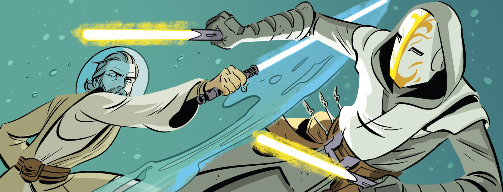 Obi-Wan Kenobi duels a fake Temple Guard who, unknown to him, was his old friend Bant Eerin.