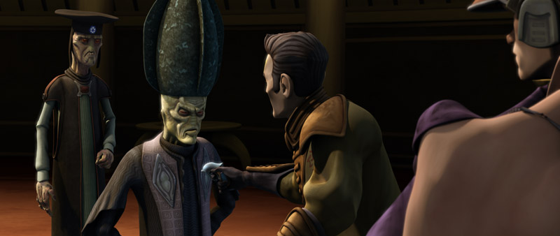 Rush Clovis holds Dod at blasterpoint and demands the antidote to Amidala's poison.