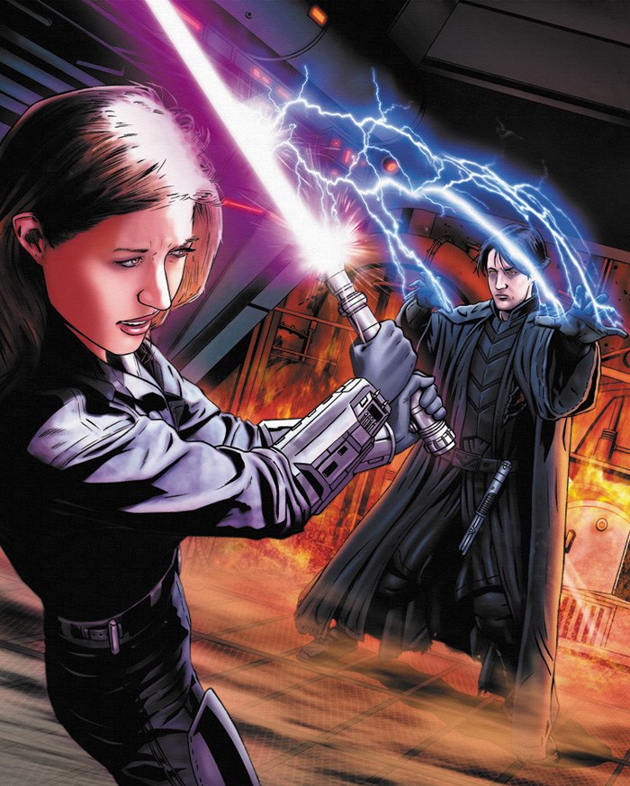 Jaina using her lightsaber to battle Jacen