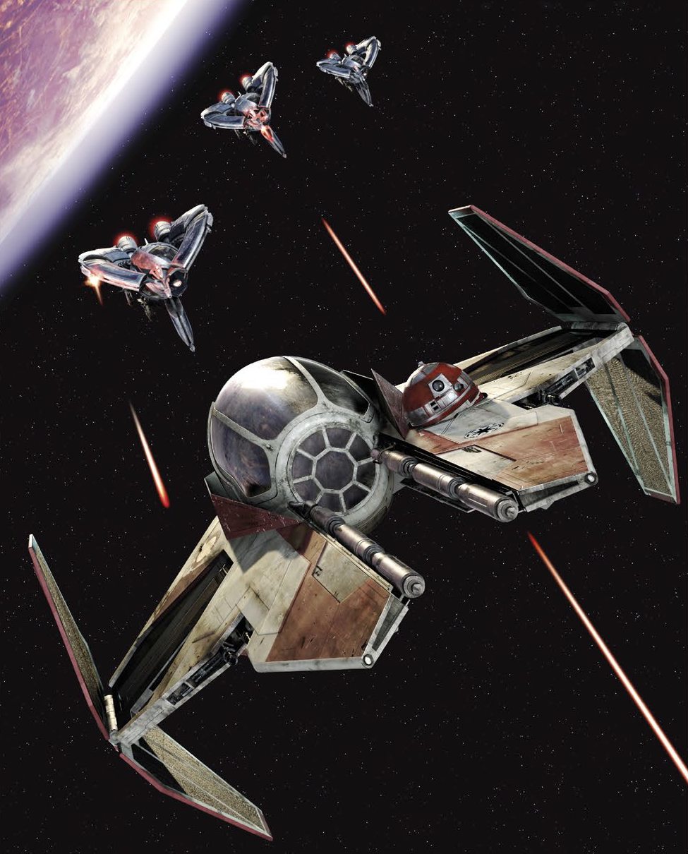 A trio of droid-tri-fighters pursue an Actis-class Jedi intereptor