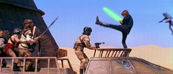 ForceKick-ROTJ.png (2.56 MB) The kick is at its peak and would, in reality, have impacted on the kicked person. Notice the space between Hamill's foot and the stuntman.