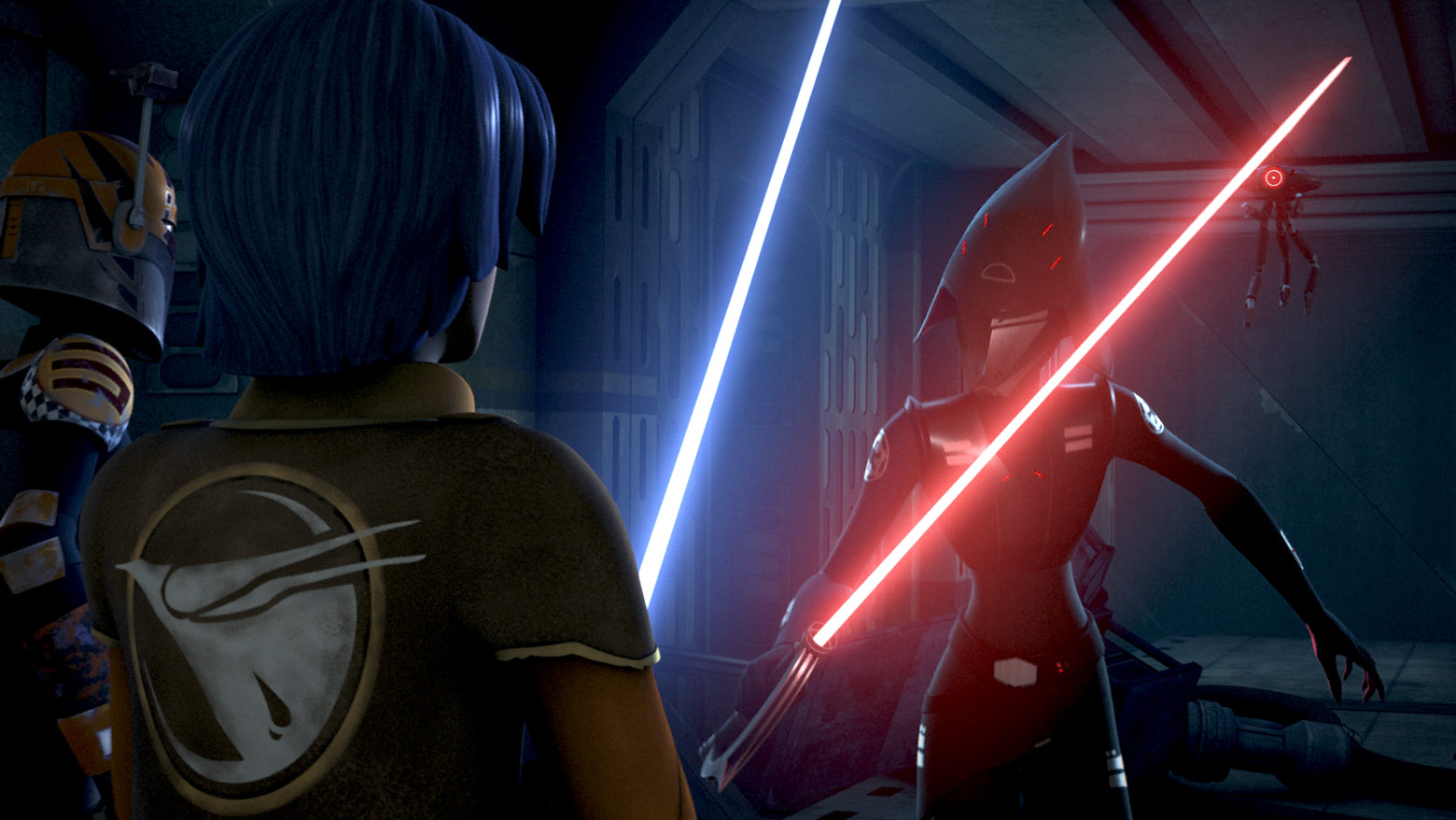 The Seventh Sister approaches Ezra Bridger and Sabine Wren on a Republic medical station.