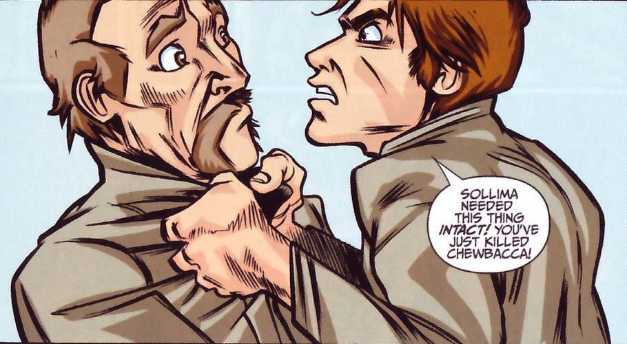 Han Solo gets angry at Billal Batross after the latter destroyed Sollima's droid.