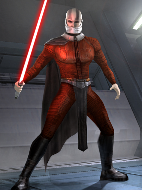 Darth Malak wore a skintight crimson bodysuit that showed off his powerful physique.