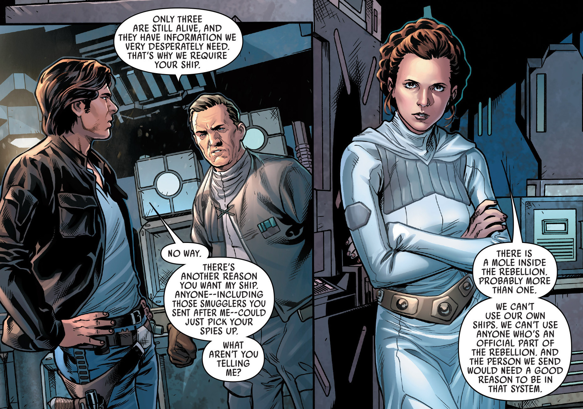 Han Solo meets with Princess Leia and General Cracken.