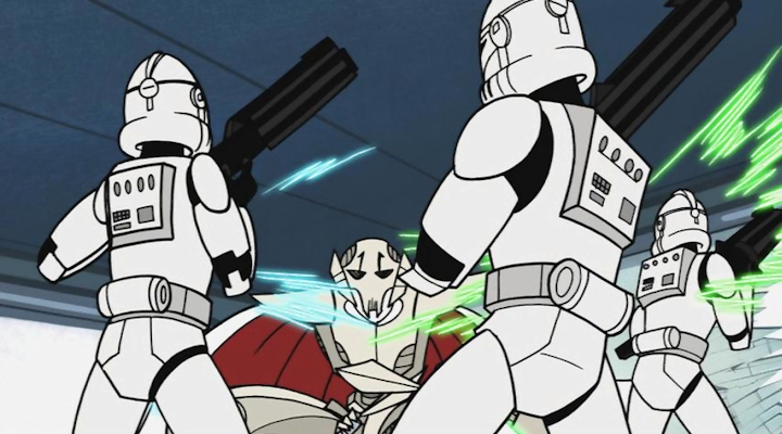 Grievous slaughtering clone troopers in the Chancellor's office