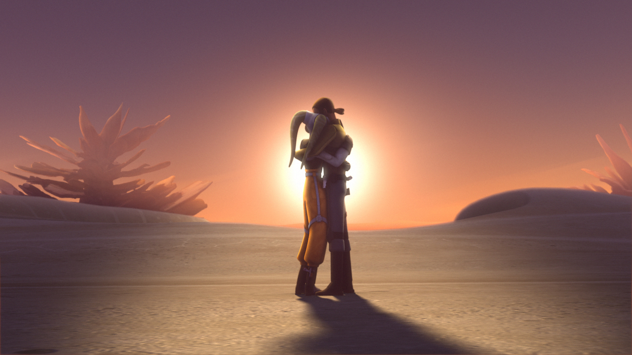 Kanan bids Hera farewell with a goodbye hug before setting off on his mission to Malachor