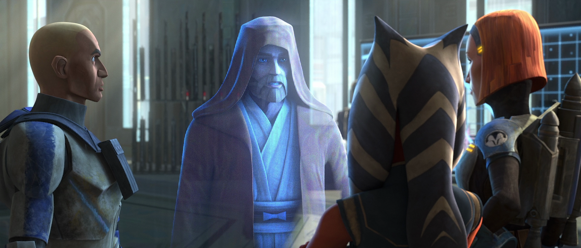 Rex, Tano, and Kryze confer with Kenobi.