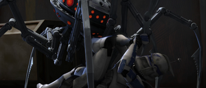 Rex grapples with a monstrous assassin probe droid in the Coronet's cargo bay.