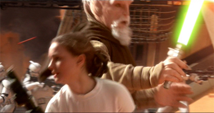 Ki-Adi-Mundi is shown with a green-bladed lightsaber, while he has a blue lightsaber in all other scenes.