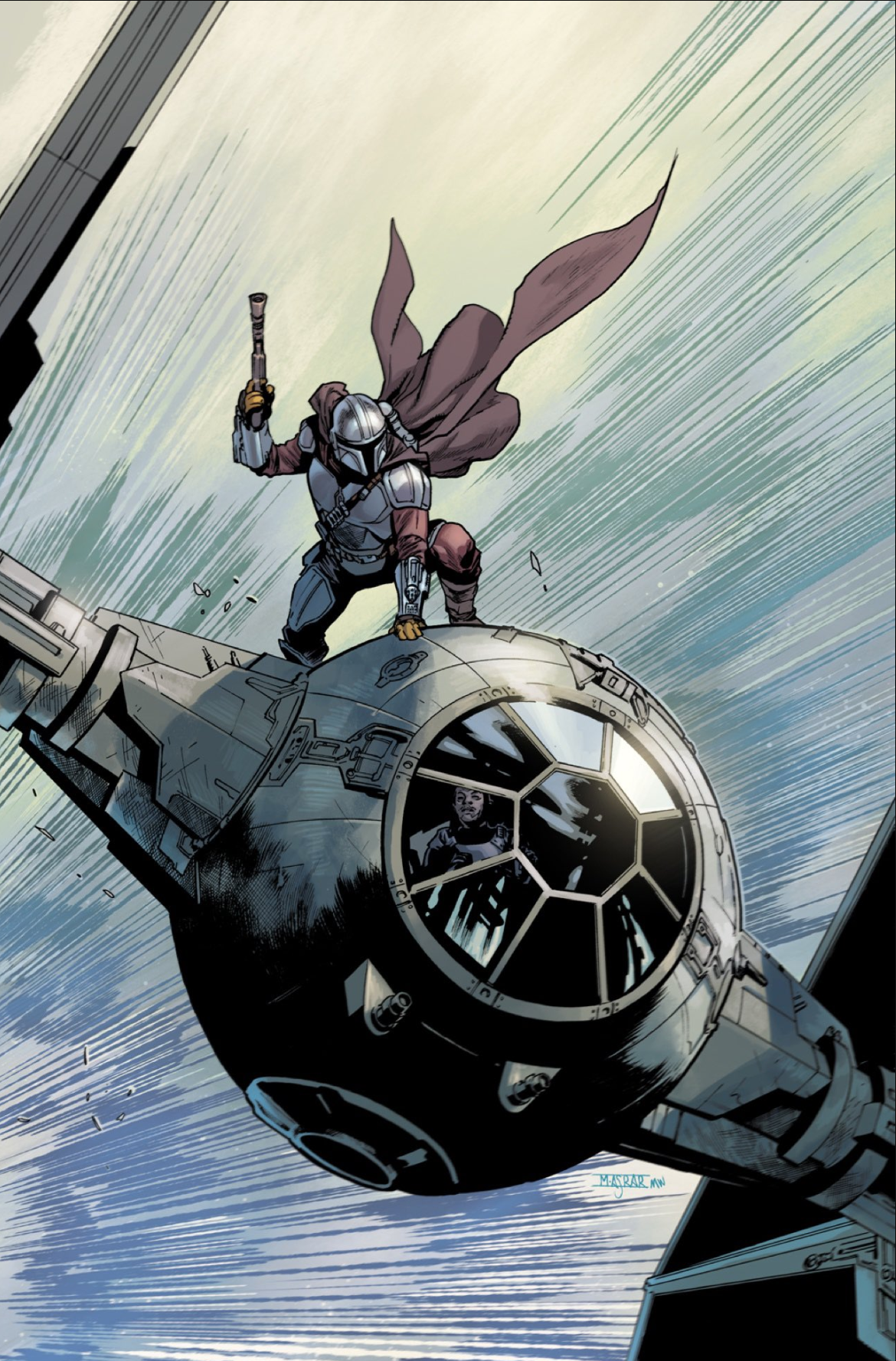 Djarin used his new jetpack for the first time to reach Gideon's TIE fighter.