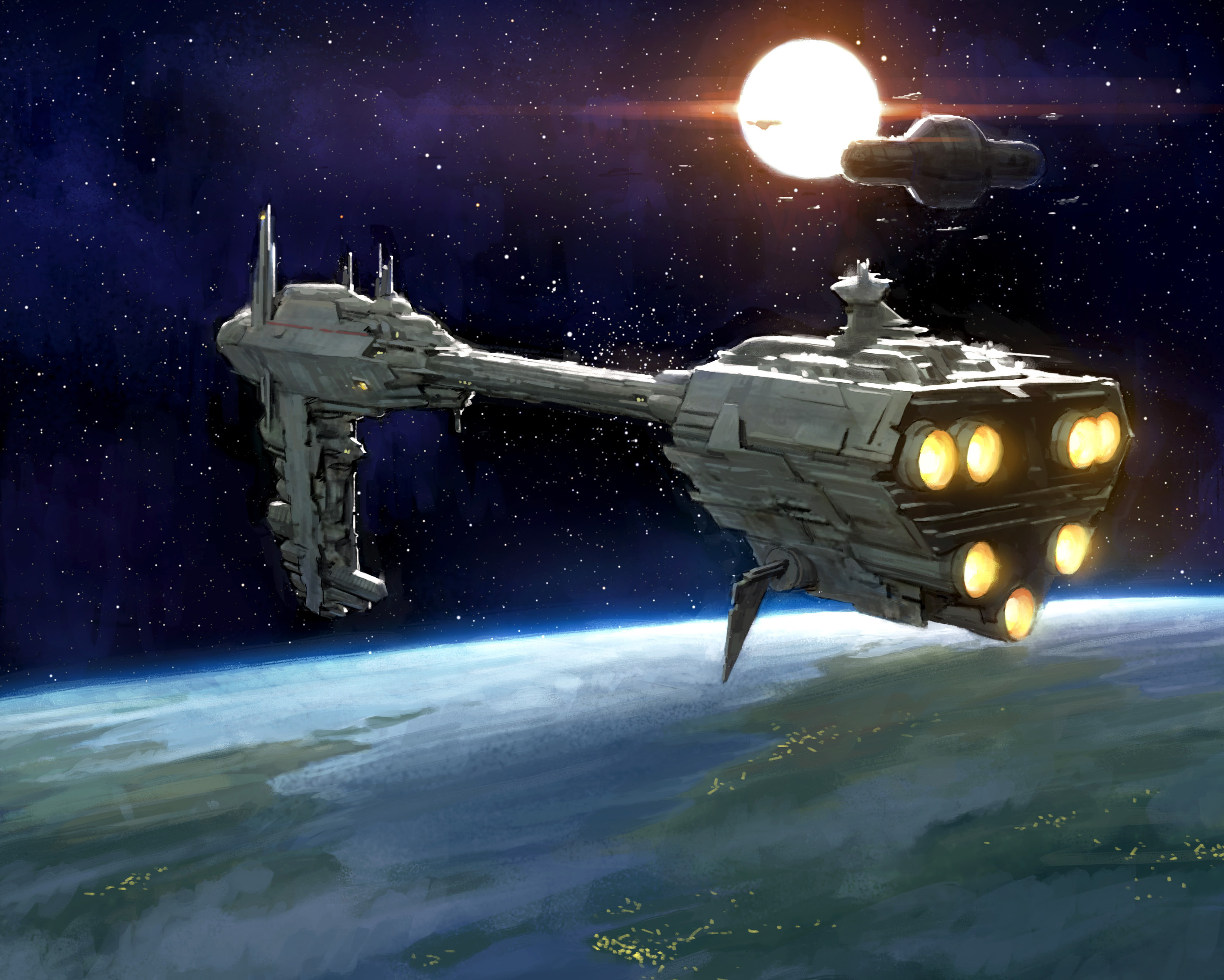 A Nebulon-B frigate in the Corellian system with Centerpoint Station in the distance