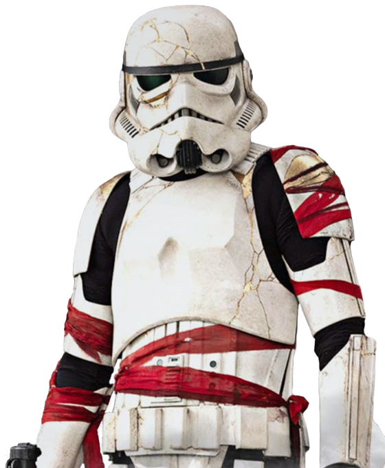 Night Trooper armor was damaged but held together with golden and grey material, with red cloth further used across the uniform.